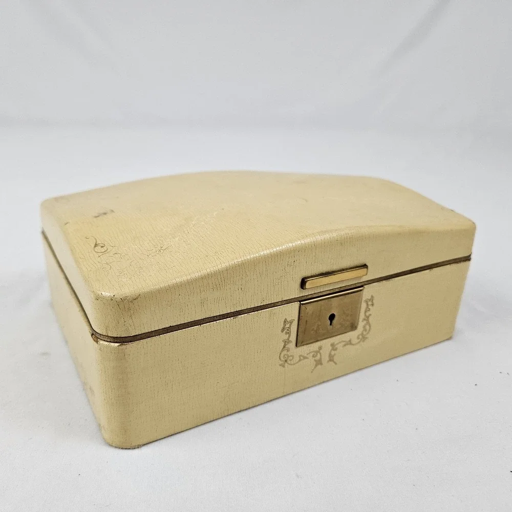 Vintage Jewelry Box Gold Embossed Faux Leather Farrington 50's Boho MCM
